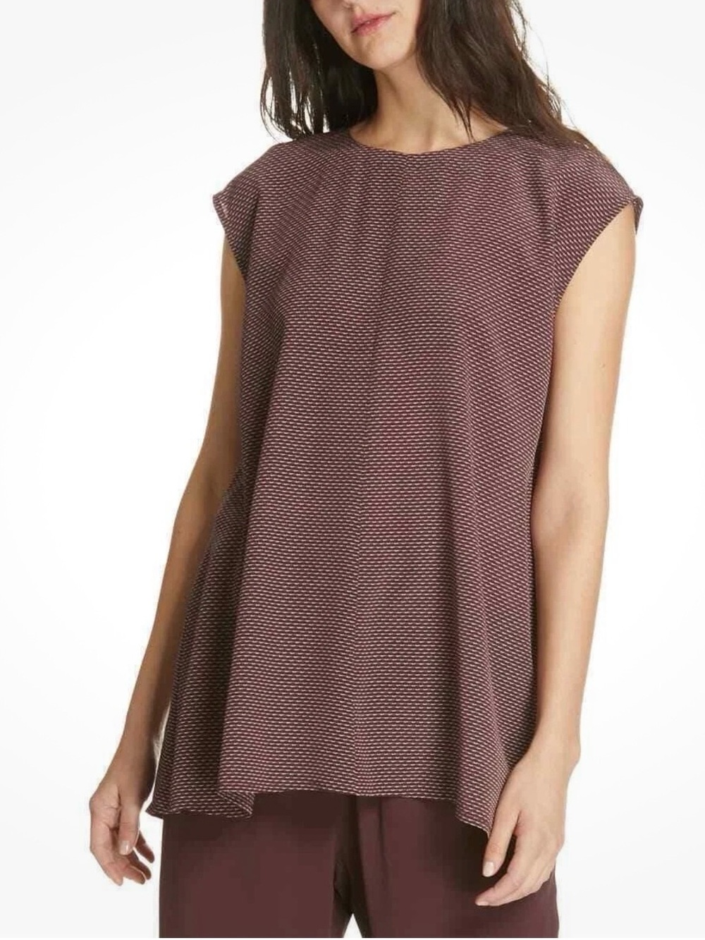 Eileen Fisher Printed Silk Crepe de Chine Round Neck Top Burgundy Size XL